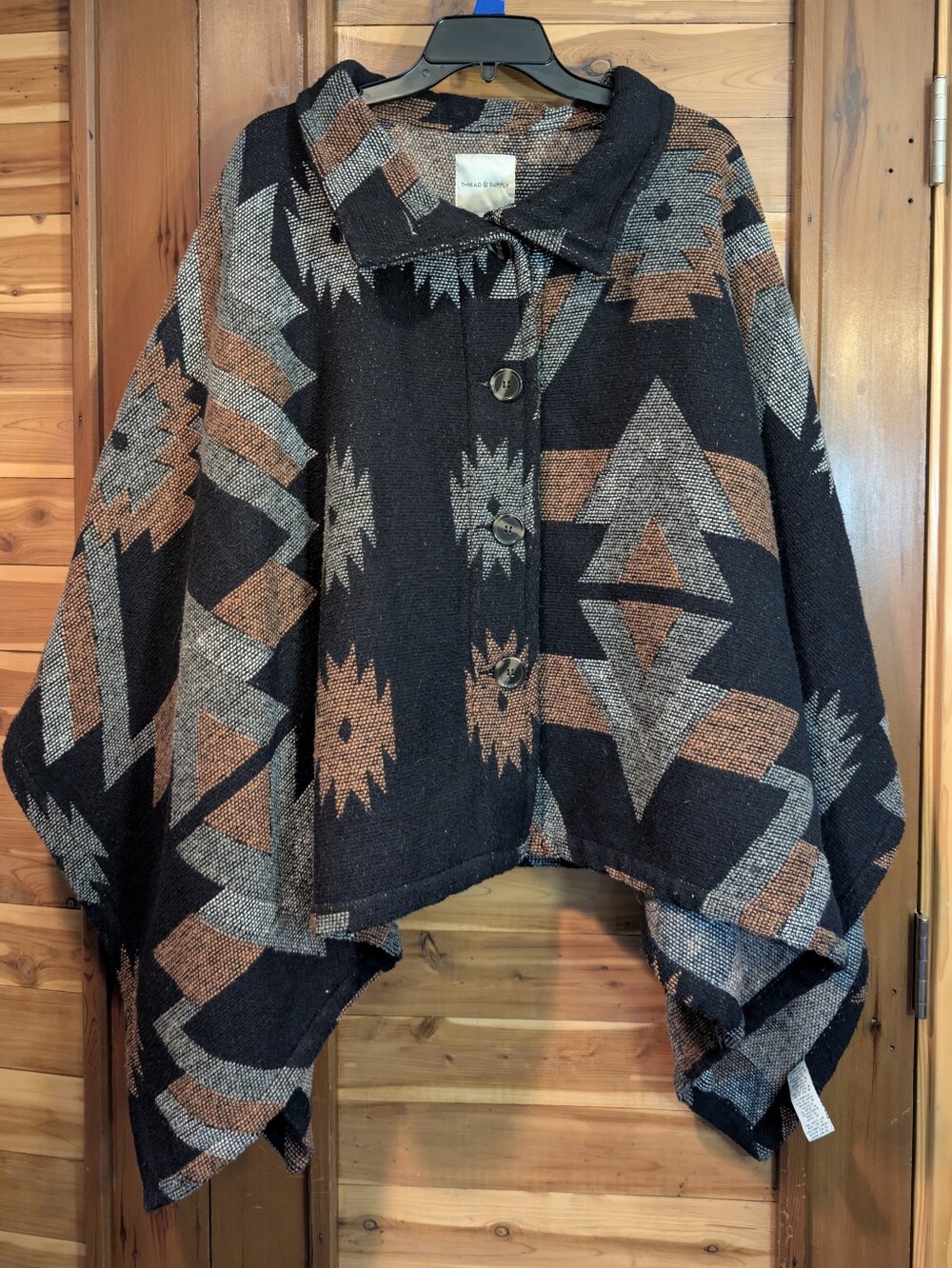 Thread & Supply Aztec Geometric Button-Up Cape Poncho Jacket